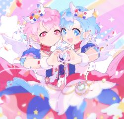 Rule 34 | 1boy, 1girl, :d, blue eyes, blue hair, braid, brother and sister, bubble skirt, center frills, choker, commentary request, cowboy shot, crossdressing, dorothy west, dress, floating hair, frills, hair ornament, heart, heart hands, heart hands duo, highres, idol clothes, looking at viewer, machico maki, mole, mole under eye, multicolored clothes, multicolored dress, open mouth, pink eyes, pink hair, pretty series, pripara, red choker, reona west, short hair, siblings, side braid, skirt, smile, standing, star (symbol), star hair ornament, trap, twins, white wings, wing hair ornament, wings, wrist cuffs