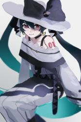 Rule 34 | 1girl, bare shoulders, black bow, black capelet, black choker, black dress, blue hair, bow, capelet, choker, closed mouth, creatures (company), dark miku (project voltage), dress, earrings, game freak, hair between eyes, hat, hat bow, hatsune miku, highres, inu dakisime, jewelry, long hair, long sleeves, luxury ball, nintendo, number tattoo, poke ball, pokemon, project voltage, red eyes, shoulder tattoo, smile, solo, sun hat, tattoo, twintails, two-tone capelet, two-tone dress, very long hair, vocaloid, white capelet, white dress, white hat