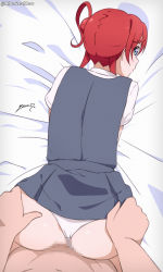 Rule 34 | 1boy, 1girl, absurdres, all fours, alter real zero, artist name, ass, ass grab, bed sheet, blue eyes, blush, censored, clothed female nude male, clothing aside, doggystyle, grabbing another&#039;s ass, hair bun, hetero, highres, looking at viewer, looking back, love live!, love live! superstar!!, mosaic censoring, nude, panties, panties aside, penis, pov, pov crotch, pov hands, profile, red hair, school uniform, sex, sex from behind, short hair, short sleeves, signature, solo focus, underwear, white panties, yoneme mei, yuigaoka school uniform
