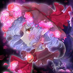 Rule 34 | 1girl, 72mikan 1687, alternate color, ascot, black collar, black hat, blue hair, blush, close-up, closed mouth, collar, commentary, detached collar, diamond earrings, earrings, english commentary, expressionless, eyelashes, falling petals, floating hair, flower, frilled collar, frills, from side, gem, glint, hair flower, hair ornament, hat, hat ribbon, highres, jewelry, mob cap, nose, petals, pink flower, pink rose, pointy ears, profile, red ascot, red eyes, red flower, red gemstone, red ribbon, red rose, remilia day, remilia scarlet, ribbon, rose, rose petals, short hair, signature, slit pupils, solo, touhou, wavy hair