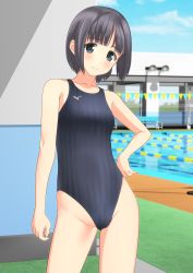 Rule 34 | 1girl, absurdres, black eyes, black hair, black one-piece swimsuit, blue sky, blurry, cloud, commentary request, competition swimsuit, contrapposto, cowboy shot, day, depth of field, highres, logo, looking at viewer, mizuno (brand), one-piece swimsuit, original, outdoors, pool, short hair, sky, smile, solo, string of flags, striped clothes, striped one-piece swimsuit, swimsuit, takafumi