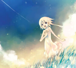 1girl bad_id bare_arms bare_shoulders blue_eyes cloud commentary_request dress grass hand_on_own_chest hand_up kei_(keigarou) long_hair lowres open_mouth original ponytail sky solo teeth white_dress white_hair