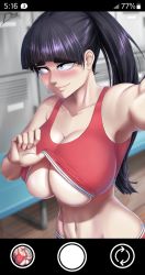 Rule 34 | 1girl, absurdres, bare shoulders, bench, black hair, blunt bangs, blush, breasts, cleavage, closed mouth, clothes lift, collarbone, diskette, ebino mei, hatsukoi zombie, highres, large breasts, locker, locker room, long hair, looking away, looking to the side, navel, outstretched arm, pink lips, ponytail, selfie, smile, solo, sports bra, sports bra lift, stomach, taking picture, teasing, thick eyebrows, underboob