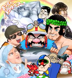 Rule 34 | 6+boys, black hair, blue eyes, cleft chin, cup, demon, demon horns, demon tail, demon wings, dr. crygor, facial hair, glasses, grin, hat, head wreath, helmet, highres, holding, holding cup, horns, hoshi (star-name2000), motorcycle helmet, multiple boys, mustache, nintendo, open mouth, pointy ears, red (warioware), santa claus, smile, sunglasses, sweatdrop, tail, teacup, tuna, wario, warioware, warioware: get it together!, wings, wizard, wizard hat