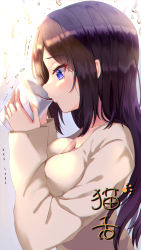 Rule 34 | 1girl, akira shiun, blush, breast press, breasts, brown hair, brown sweater, cleavage, coffee, coffee mug, commentary request, cup, drinking, flying sweatdrops, from side, gradient hair, highres, holding, holding cup, large breasts, long hair, long sleeves, looking at viewer, mug, multicolored hair, original, profile, purple eyes, purple hair, sweater, tears, translation request, upper body