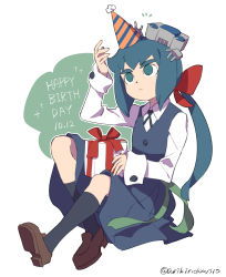 Rule 34 | 1girl, arikindows10, arm up, artist name, birthday, blue hair, closed mouth, collared shirt, constanze amalie von braunschbank-albrechtsberger, dated, english text, expressionless, full body, green eyes, happy birthday, hat, highres, jewelry, kneehighs, knees up, little witch academia, loafers, long sleeves, luna nova school uniform, necklace, on ground, party hat, pleated skirt, ponytail, robot, school uniform, shirt, shoes, simple background, sitting, skirt, socks, solid eyes, solo, thick eyebrows, twitter username, uniform, v, white background, white shirt, witch