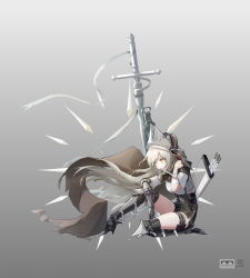 Rule 34 | 1girl, absurdres, akelp, arknights, arrow (projectile), bandaged arm, bandages, black capelet, black footwear, black shorts, blood, boots, capelet, fartooth (arknights), floating hair, full body, gauntlets, gradient background, grey background, helmet, high-waist shorts, high heel boots, high heels, highres, holding, injury, long hair, mouth hold, pouch, quiver, shirt, short sleeves, shorts, signature, silver hair, sitting, solo, sword, tassel, thigh boots, thigh pouch, thigh strap, thighhighs, torn clothes, torn shirt, very long hair, weapon, white shirt, yellow eyes