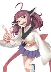 Rule 34 | 1girl, absurdres, ahoge, back bow, blade, blunt bangs, blush, bow, brown eyes, brown hair, commentary, floating hair, foot out of frame, half-closed eyes, hand up, headgear, highres, index finger raised, japanese clothes, kimono, long hair, long sleeves, looking at viewer, mashima jirou, obi, obijime, open mouth, pleated skirt, purple skirt, red bow, sandals, sash, sharp teeth, short kimono, simple background, skirt, smirk, socks, solo, standing, standing on one leg, teeth, thick eyebrows, touhoku kiritan, twintails, voiceroid, white background, white kimono, white socks, wide sleeves, zouri