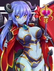 Rule 34 | 1girl, astaroth (shinrabanshou), black sclera, blue hair, blue skin, breasts, cape, cleavage, colored sclera, colored skin, demon girl, demon horns, demon tail, demon wings, hawe king, holding, horns, large breasts, long hair, looking at viewer, navel, pointy ears, shinrabanshou, smile, solo, staff, tail, wings, yellow eyes