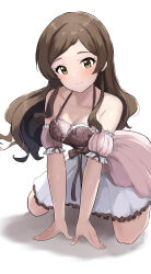 Rule 34 | 1girl, bare shoulders, bow, breasts, brown bow, brown dress, brown hair, brown ribbon, cleavage, closed mouth, collarbone, detached sleeves, dress, dress bow, ebifu, eyelashes, floating hair, floral print, frilled dress, frilled sleeves, frills, hands on ground, head tilt, highres, idolmaster, idolmaster million live!, kitazawa shiho, kneeling, leaning forward, light blush, long hair, looking at viewer, medium breasts, multicolored clothes, multicolored dress, parted bangs, pink dress, pleated dress, ribbon, shadow, short sleeves, sidelocks, simple background, sleeveless, sleeveless dress, smile, solo, wavy hair, white background, white dress, yellow eyes