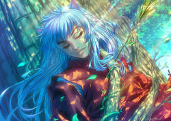 Rule 34 | 1boy, absurdres, animal ears, arrow (projectile), arrow in body, artist name, blue hair, closed eyes, dappled sunlight, dog ears, eyelashes, fang, fang out, highres, inuyasha, inuyasha (character), japanese clothes, light rays, long hair, male focus, open mouth, outdoors, plant, solo, sunbeam, sunlight, tree, unconscious, upper body, vines, watermark, web address, xong