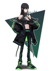 Rule 34 | 1girl, absurdres, bare shoulders, belt, black hair, black jacket, blue eyes, character name, closed mouth, collarbone, english text, green belt, green footwear, green theme, hair between eyes, hair ornament, hairclip, hand in pocket, highres, jacket, long hair, midriff, navel, open clothes, open jacket, original, outline, simple background, solo, standing, triangle, white background, white outline, yoon cook, zipper, zipper pull tab