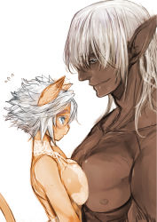 Rule 34 | 00s, 1boy, 1girl, animal ears, back, blue eyes, breast on chest, breast press, doraeshi, elf, elvaan, final fantasy, final fantasy xi, highres, mithra (ff11), pointy ears, profile, short hair, simple background, size difference, tail, white background, white hair