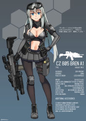 Rule 34 | 1girl, ammunition pouch, black-framed eyewear, blue background, blue eyes, boots, breasts, buckle, cleavage, cleavage cutout, clothing cutout, commentary request, cz-805, cz-805 (girls&#039; frontline), cz 805 bren, fingerless gloves, girls&#039; frontline, gloves, goggles, goggles on head, grenade launcher, grey hair, grey skirt, gun, high heels, highres, holding, holding gun, holding weapon, knee pads, long hair, looking at viewer, medium breasts, navel, ndtwofives, pantyhose, patterned background, pouch, skirt, smile, snap-fit buckle, solo, standing, thigh pouch, thigh strap, title, weapon, white hair