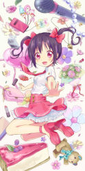 Rule 34 | 1girl, :d, bag, black hair, bouquet, cake, cake slice, cellphone, cellphone charm, cellphone strap, charm (object), dress, flower, food, hanon (sakuro), heart, high heels, lipstick, makeup, microphone, open mouth, original, outstretched arms, phone, pink eyes, sakuro, shoes, smile, solo, stuffed animal, stuffed toy, teddy bear, twintails