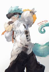 Rule 34 | 1boy, aqua hair, arknights, baggy pants, bandaid, bandaid on face, bandaid on nose, blush, chameleon tail, dark skin, ethan (arknights), closed eyes, gloves, highres, holding, mayf42, pants, pointy ears, tail