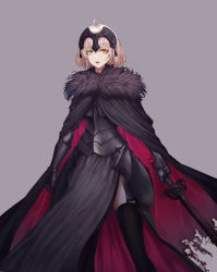 Rule 34 | 1girl, absurdres, ahoge, armor, armored dress, bad id, bad pixiv id, black dress, breasts, cape, commentary request, dress, fate/grand order, fate (series), fur-trimmed cape, fur collar, fur trim, gauntlets, grey background, headpiece, helawid, highres, jeanne d&#039;arc (fate), jeanne d&#039;arc alter (avenger) (fate), jeanne d&#039;arc alter (fate), large breasts, open mouth, short hair, silver hair, simple background, solo, sword, thighhighs, tsurime, weapon, yellow eyes