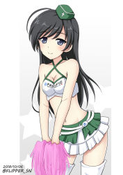 Rule 34 | 10s, 1girl, bare arms, bare shoulders, black hair, blush, breasts, cheerleader, cleavage, closed mouth, collarbone, criss-cross halter, crop top, dated, flipper, girls und panzer, gradient background, grey background, grey eyes, hair between eyes, halterneck, holding, isuzu hana, long hair, looking at viewer, medium breasts, navel, pleated skirt, skirt, smile, solo, star (symbol), thighhighs, twitter username, very long hair, white background, white skirt, white thighhighs
