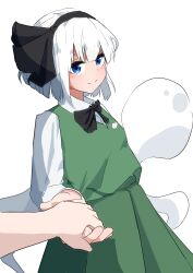 Rule 34 | 1girl, 1other, absurdres, black bow, black bowtie, black hairband, black ribbon, blunt ends, blush, bow, bowtie, closed mouth, collared shirt, commentary request, cowboy shot, green skirt, green vest, hair ribbon, hairband, highres, hitodama, holding hands, konpaku youmu, konpaku youmu (ghost), long sleeves, looking at viewer, out of frame, pov, pov hands, refuson man, ribbon, shirt, short hair, simple background, skirt, skirt set, smile, solo focus, split mouth, standing, touhou, vest, white background, white hair, white shirt