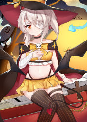 Rule 34 | 1girl, ayanami (azur lane), ayanami (witch in ambush) (azur lane), azur lane, bandage over one eye, bandaged arm, bandages, bat (animal), black hat, black thighhighs, choker, collarbone, commentary request, crop top, demon tail, halloween, halloween costume, hand on own chest, hat, highleg, hitodama, kana (kuaua), long hair, looking at viewer, midriff, miniskirt, navel, orange skirt, ponytail, red eyes, silver hair, sitting, skirt, smile, solo, striped clothes, striped thighhighs, tail, thigh strap, thighhighs, witch hat, wristband, zettai ryouiki