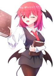 Rule 34 | 1girl, ;d, absurdres, bat wings, black pantyhose, black skirt, black vest, blouse, book, hugging book, breasts, collared shirt, demon tail, dot nose, dress shirt, eyes visible through hair, fang, hair ornament, head wings, highres, holding, holding book, koakuma, long sleeves, looking at viewer, low wings, medium breasts, necktie, hugging object, one eye closed, open mouth, pantyhose, red eyes, red hair, red necktie, shirt, simple background, skin fang, skirt, skirt set, smile, solo, suzuki eiru, tail, touhou, vest, white background, white shirt, wings