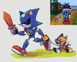 Rule 34 | 1boy, 9474s0ul, animal ears, commentary, english commentary, full body, game screenshot inset, grey background, highres, holding, holding leash, holding sword, holding weapon, leash, metal sonic, minecraft, non-humanoid robot, pet walking, red eyes, reference inset, robot, robot animal, robot dog, screenshot inset, simple background, sonic (series), standing, sword, tail, tail wagging, walking, weapon, wooden sword