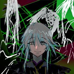 Rule 34 | 1other, abstract background, androgynous, black coat, black shirt, chinese commentary, closed mouth, coat, collared coat, commentary request, grey hair, highres, houlen yabusame, len&#039;en, looking at viewer, multicolored background, mxx33, other focus, shirt, short hair with long locks, smile, solo, straight-on, upper body, white eyes