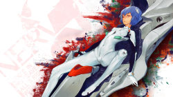 Rule 34 | 1girl, :&lt;, arm support, ayanami rei, bad id, blue hair, bodysuit, breasts, cockpit, entry plug, highres, interface headset, leaning back, looking at viewer, lying, neon genesis evangelion, nerv, on back, paint splatter, parted lips, perky breasts, plugsuit, red eyes, redjuice, short hair, sitting, skinny, small breasts, solo, spread legs, white background, white bodysuit