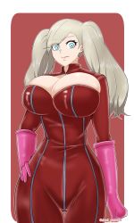 Rule 34 | 1girl, blue eyes, bodysuit, breasts, cleavage, full-length zipper, gloves, hand on own hip, highres, large breasts, long hair, looking at viewer, persona, persona 5, pink gloves, pink lips, platinum blonde hair, red bodysuit, skillkill, solo, swept bangs, takamaki anne, zipper