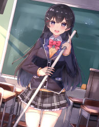 Rule 34 | 1girl, :d, bad id, bad nicoseiga id, black hair, black jacket, black skirt, blazer, blush, bow, bowtie, breasts, chair, chalkboard, classroom, collared shirt, commentary request, desk, dress shirt, hair between eyes, hair ornament, hairclip, highres, holding, indoors, jacket, long hair, looking at viewer, medium breasts, nijisanji, nonon (xenonbot), open mouth, pink bow, pink bowtie, plaid, pleated skirt, purple eyes, school, school chair, school desk, shirt, skindentation, skirt, smile, solo, sweater, teeth, thighhighs, tsukino mito, tsukino mito (1st costume), upper teeth only, very long hair, virtual youtuber, white shirt, white thighhighs, zettai ryouiki