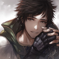 Rule 34 | 1boy, artist name, bad id, bad pixiv id, black gloves, brown eyes, brown hair, danhu, facial hair, fingerless gloves, gloves, interlocked fingers, male focus, own hands clasped, own hands together, parted lips, portrait, shin sangoku musou, signature, single glove, smile, solo, xu shu