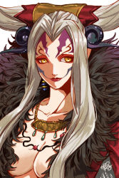 Rule 34 | 1girl, breasts, cleavage, closed mouth, earrings, facial mark, final fantasy, final fantasy viii, horns, jewelry, lipstick, long hair, looking at viewer, makeup, necklace, serieru (summertosuika), simple background, solo, ultimecia, white background, white hair, yellow eyes