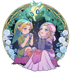 Rule 34 | 1boy, 1girl, 1other, belt, blonde hair, blue eyes, blush, boots, brown belt, brown footwear, celebi, child, commentary request, creatures (company), dress, elbow rest, floating, flower, full body, game freak, gen 2 pokemon, green headwear, green tunic, hands on own cheeks, hands on own face, hat, highres, holding, instrument, leaf, legendary pokemon, link, long sleeves, looking at another, looking up, mythical pokemon, nintendo, ocarina, open mouth, pink dress, pink headwear, pointy ears, pokemon, pokemon (creature), princess zelda, rutiwa, short sleeves, sitting, sitting on tree stump, sparkle, the legend of zelda, the legend of zelda: ocarina of time, tree stump, white flower, yellow belt, young link, young zelda