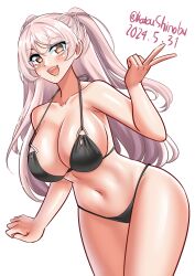 Rule 34 | 1girl, absurdres, bare shoulders, bikini, black bikini, blush, breasts, brown eyes, cleavage, collarbone, conte di cavour (kancolle), cowboy shot, dated, grey hair, highres, kantai collection, katou shinobu, large breasts, long hair, looking at viewer, official alternate costume, open mouth, simple background, smile, solo, swimsuit, twitter username, two side up, v