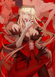 Rule 34 | 4girls, bare shoulders, black pantyhose, black ribbon, black shorts, blonde hair, blood, blood on face, breasts, cleavage, commentary request, dress, elbow gloves, expressionless, eyelashes, floating hair, gloves, hair ribbon, highres, kiss-shot acerola-orion heart-under-blade, kizumonogatari, kuroume (aihikarikuroume24), large breasts, long hair, looking at viewer, monogatari (series), multiple girls, official art, oshino shinobu, pantyhose, pink shirt, pointy ears, puffy shorts, red background, red dress, ribbon, second-party source, shirt, short hair, shorts, vampire, very long hair, white dress, white gloves, yellow eyes