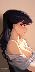 1girl alternate_hairstyle bare_shoulders black_hair breasts highres komi-san_wa_komyushou_desu komi_shouko lips looking_to_the_side ponytail smile solo themaker