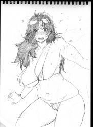Rule 34 | 1girl, belly, bikini, black hair, blush, breasts, butcherboy, drooling, female focus, highres, large breasts, long hair, messy hair, monochrome, navel, open mouth, plump, scared, sketch, solo, sweat, swimsuit, thighs