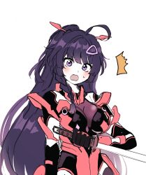 Rule 34 | 1girl, 5rwpvc, ^^^, ahoge, blush, braid, breasts, hair ornament, hair over shoulder, hairclip, highres, holding, holding sword, holding weapon, honkai (series), honkai impact 3rd, katana, long hair, long sleeves, looking at viewer, medium breasts, open mouth, purple eyes, purple hair, raiden mei, raiden mei (crimson impulse), reverse grip, simple background, single braid, solo, sweat, sword, very long hair, weapon, white background