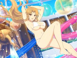 Rule 34 | 1girl, armpits, balloon, bikini, blonde hair, blue sky, blush, breasts, bush, cleavage, cliff, cloud, daidouji (senran kagura), day, elephant statue, groin, halterneck, highres, indoors, large breasts, light particles, long hair, looking at viewer, micro bikini, mole, mole under eye, navel, official art, open mouth, parted bangs, plant, pool, red eyes, senran kagura, senran kagura new link, senran kagura shoujo-tachi no shin&#039;ei, shiny skin, sideboob, sky, skylight, slide, smile, solo, sparkle, splashing, statue, stomach, stone wall, sunlight, swimsuit, thighs, tongue, v-shaped eyebrows, wall, water, water drop, water slide, waterfall, waterpark, white bikini, yaegashi nan