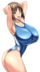 Rule 34 | 1girl, arm up, armpits, ass, breasts, brown hair, gigantic breasts, highres, huge breasts, kloah, short hair, swimsuit