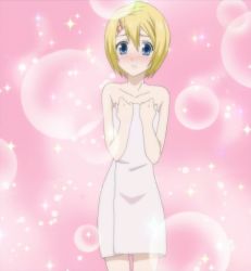 Rule 34 | bare shoulders, blonde hair, blush, crossdressing, cuticle tantei inaba, embarrassed, hair ornament, hairclip, highres, sasaki yuuta, stitched, third-party edit, towel, trap