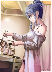 Rule 34 | 1girl, alternate hairstyle, black bra, black panties, bra, breakfast, chopsticks, closed mouth, collared shirt, commentary, cooking, cooking pot, curtains, english commentary, from side, glasses, hair behind ear, highres, holding, holding chopsticks, hololive, hoshimachi suisei, indoors, kitchen, long hair, long sleeves, off shoulder, oversized clothes, oversized shirt, panties, phos (s phos), shirt, smile, solo, twitter username, underwear, updo, virtual youtuber, white shirt