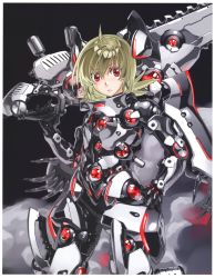 Rule 34 | 1girl, :o, absurdres, android, armor, bodysuit, brown hair, expressionless, highres, huge filesize, huge weapon, kaku-san-sei million arthur, kurogin, looking at viewer, machinery, mechanical arms, million arthur (series), parted lips, red eyes, single mechanical arm, solo, standing, sword, turret, weapon