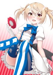 Rule 34 | 1girl, :d, asymmetrical legwear, blue bow, blush, bow, brown eyes, collared shirt, commentary request, diagonal stripes, double bun, enemy lifebuoy (kancolle), frilled skirt, frills, gloves, hair between eyes, hair bun, hand up, kantai collection, kirigakure (kirigakure tantei jimusho), light brown hair, looking at viewer, michishio (kancolle), mismatched legwear, open mouth, pantyhose, puffy short sleeves, puffy sleeves, shirt, short sleeves, sitting, skirt, smile, solo, striped background, striped clothes, striped legwear, striped pantyhose, thighs, twintails, vertical-striped clothes, vertical-striped pantyhose, white gloves, white shirt, white skirt
