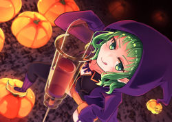 Rule 34 | 1girl, :p, bad id, bad pixiv id, black skirt, black socks, blood, blush, breasts, cleavage, collarbone, from above, green eyes, green hair, gumi, halloween, halloween costume, highres, hood, hooded jacket, jacket, kneehighs, looking at viewer, medium breasts, neck ribbon, open clothes, open jacket, orange shorts, pumpkin, purple jacket, ribbon, shorts, skirt, socks, solo, standing on object, syringe, thighhighs, tongue, tongue out, very long sleeves, vocaloid, witch, yellow footwear