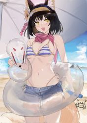 Rule 34 | 1girl, almmdal, animal ear fluff, animal ears, beach umbrella, bikini, black hair, blue archive, breasts, cloud, commentary, day, denim, denim shorts, fang, fox ears, fox girl, fox tail, hat, highres, holding, inflatable toy, innertube, izuna (blue archive), izuna (swimsuit) (blue archive), open mouth, outdoors, pink scarf, scarf, short hair, short shorts, shorts, skin fang, sky, small breasts, solo, striped bikini, striped clothes, swim ring, swimsuit, symbol-only commentary, tail, umbrella, visor cap, yellow eyes