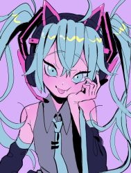 Rule 34 | 1girl, animal ear headphones, animal ears, black sleeves, blue eyes, blue hair, cat ear headphones, collared shirt, commentary, detached sleeves, english commentary, fake animal ears, grey shirt, hand on own face, hatsune miku, head tilt, headphones, headset, highres, long hair, lukantrop0, purple background, shirt, sleeveless, sleeveless shirt, smile, solo, tongue, tongue out, twintails, upper body, vocaloid
