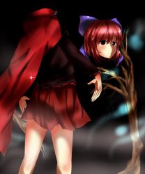 Rule 34 | 1girl, bare tree, bow, cape, commentary request, disembodied head, fog, hair bow, highres, kakuteru sudachi, miao zhao sudachi, red eyes, red hair, sekibanki, skirt, solo, sparkle, touhou, tree