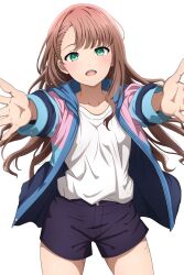 Rule 34 | 1girl, blush, breasts, brown hair, green eyes, gridman universe, gridman universe (film), highres, hood, hooded jacket, hoodie, jacket, long hair, looking at viewer, medium breasts, minami yume, noshimurin, official alternate costume, open mouth, scar, scar on leg, shirt, shorts, smile, solo, t-shirt