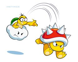 2boys absurdres artist_name cloud colored_skin goggles highres lakitu male_focus mario_(series) multiple_boys nintendo pointing simple_background spiked_shell spiny vinny_(dingitydingus) white_background yellow_skin